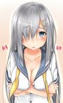  absurdres alternate_hair_length alternate_hairstyle blue_eyes blush breast_hold breasts cleavage crossed_arms hair_ornament hair_over_one_eye hairclip hamakaze_(kantai_collection) heartbeat highres kantai_collection large_breasts long_hair looking_at_viewer neckerchief open_collar open_mouth saku_(kudrove) school_uniform serafuku silver_hair solo tears upper_body wavy_mouth yellow_neckwear 