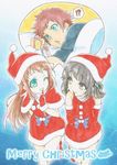  1boy 2girls black_eyes black_hair blue_eyes box brown_hair christmas finger_to_mouth gift gift_box gloves hair_rings hat ishii_yuriko long_hair md5_mismatch merry_christmas mukaido_manaka multiple_girls nagi_no_asukara official_art one_eye_closed red_gloves sakishima_hikari santa_costume santa_hat shiodome_miuna short_hair twintails 