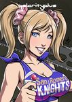  blonde_hair blue_eyes breasts candy chainsaw cheerleader cleavage daniel_macgregor food grin juliet_starling large_breasts lips lollipop lollipop_chainsaw over_shoulder scrunchie smile soejima_shigenori_(style) solo twintails upper_body weapon weapon_over_shoulder 