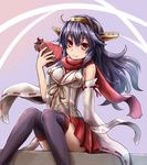  adapted_costume bare_shoulders black_hair black_legwear chocolate chocolate_heart detached_sleeves gift_wrapping hair_ornament haruna_(kantai_collection) heart kantai_collection long_hair long_sleeves nontraditional_miko red_eyes scarf sitting smile solo sumapan thighhighs valentine very_long_hair wide_sleeves 