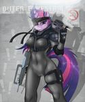  2014 anthro anthrofied breasts camel_toe cigarette crossover english_text equine eye_patch eyewear famas female friendship_is_magic gloves gun hair headband holding holding_weapon horn looking_at_viewer mammal metal_gear my_little_pony navel nipples purple_eyes purple_hair ranged_weapon sign solo swissleos text twilight_sparkle_(mlp) unicorn weapon 