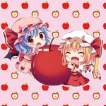  :d :o ^_^ apple apple_core ascot bat_wings blouse blush chibi climbing closed_eyes eating fang flandre_scarlet food food_on_face fruit hat looking_at_viewer minigirl mob_cap multiple_girls open_mouth remilia_scarlet short_hair skirt skirt_set smile swami touhou vest wings 