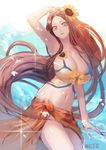  alternate_costume arm_up armpits blue_sky breasts brown_eyes brown_hair cleavage day flower hair_flower hair_ornament huge_breasts large_breasts league_of_legends leona_(league_of_legends) long_hair looking_at_viewer meto31 midriff navel outdoors parted_lips pool_party_leona sky solo sparkle standing sunflower swimsuit very_long_hair 