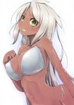 bikini blush bottomless breasts cleavage covered_nipples dark_skin green_eyes grin highres large_breasts long_hair navel original pon_(shind_997) silver_hair simple_background smile solo strap_gap swimsuit white_background white_bikini 