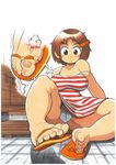  1girl absurdres between_toes blush breasts brown_eyes brown_hair cameltoe collarbone curvy fat_mons feet full_body highres hitoshi_kusano large_breasts personification plump pov_feet pussy sandals short_hair smile spread_legs toes uncensored what wide_hips 
