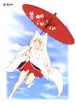  1girl animal_ear_fluff animal_ears chestnut_mouth fox_ears fox_tail holding japanese_clothes kimono kimono_skirt kohaku_(yua) long_hair oriental_umbrella original pleated_skirt skirt solo tail umbrella white_hair yellow_eyes yua_(checkmate) 