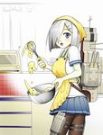  apron baking black_legwear blue_eyes blush breasts counter cowboy_shot d: dough from_side hair_ornament hair_over_one_eye hairclip hamakaze_(kantai_collection) holding indoors kantai_collection kitchen looking_at_viewer looking_to_the_side mecha_musume medium_breasts microwave miniskirt mixing_bowl open_mouth pantyhose pleated_skirt school_uniform serafuku short_hair short_sleeves silver_hair sketch skirt solo suke_a_kuro_suke thigh_strap tiles whisk yellow_apron 