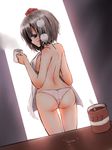  ass back backlighting black_hair breasts brown_eyes clothes_in_front covering covering_breasts cowboy_shot cup doorway from_behind hat holding hot_chocolate large_breasts looking_at_viewer looking_back mug panties pom_pom_(clothes) profile pyonsuke_(pyon2_mfg) shameimaru_aya shirt short_hair sideboob solo spill steam table tokin_hat topless touhou underwear white_panties white_shirt 
