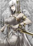  armlet ass bare_shoulders breasts large_breasts lips long_hair looking_at_viewer original polearm silver_(color) silver_eyes silver_hair solo spear tanupo very_long_hair weapon 