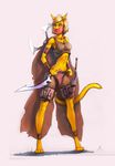  anthro bracer cape clothed clothing crossgender dota_2 ear_piercing feline female fur gondar_the_bounty_hunter hair knife looking_at_viewer mammal mask mixed_media piercing plain_background shaded short_hair sword unknown_artist weapon white_background yellow_eyes yellow_fur 