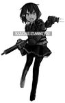  armor artist_name assault_rifle black_legwear body_armor crossover dual_wielding english eotech ergot fang flak_jacket gloves greyscale gun hair_ornament highres holding ikazuchi_(kantai_collection) kantai_collection m4_carbine monochrome open_mouth pantyhose payday_(series) payday_2 pleated_skirt pun rifle short_hair shoulder_pads simple_background skirt solo taser taser_(payday) traditional_media weapon 