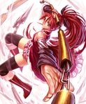  bare_shoulders boots brown_legwear detached_sleeves dress fighting_stance food knee_boots lain long_hair looking_at_viewer magical_girl mahou_shoujo_madoka_magica mouth_hold pink_eyes pocky polearm ponytail red_dress red_eyes sakura_kyouko solo spear thighhighs very_long_hair weapon wide_sleeves 