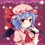  bat_wings blouse blush brooch character_name english hat jewelry looking_at_viewer mob_cap red_eyes remilia_scarlet short_hair smile solo star swami touhou tsurime upper_body wings 