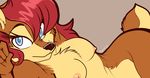  2015 anthro archie archie_comics blue_eyes breasts brown_fur chipmunk digital_drawing_(artwork) digital_media_(artwork) female fur hair kayla-na looking_at_viewer lying mammal nipples nude plain_background red_hair rodent sally_acorn sega solo sonic_(series) squirrel video_games wide_hips 