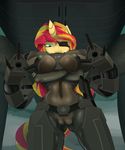  2014 absurd_res anthro anthrofied blue_eyes camel_toe crossed_arms crossover equestria_girls equine eye_patch eyewear female hair hi_res horn machine mammal mechanical metal_gear my_little_pony solo sunset_shimmer_(eg) swissleos two_tone_hair unicorn 