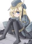  black_legwear blonde_hair blue_eyes blush cropped_jacket garrison_cap hat kantai_collection long_hair long_sleeves military military_uniform musouzuki pantyhose puffy_long_sleeves puffy_sleeves sitting solo u-511_(kantai_collection) uniform 