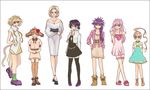  animal_ears bare_shoulders belt biscuit_krueger black_legwear blonde_hair breasts brown_hair cat_tail cleavage closed_eyes earrings flower green_eyes hair_flower hair_ornament hand_on_hip hunter_x_hunter jewelry komugi_(hunter_x_hunter) long_hair looking_at_viewer machi_(hunter_x_hunter) medium_breasts multiple_girls necklace neferpitou neon_nostrade pakunoda pink_hair purple_hair sanagino shizuku_(hunter_x_hunter) short_hair small_breasts smile tail thighhighs white_background 