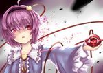  ahoge blouse frilled_sleeves frills gradient gradient_background hairband heart komeiji_satori long_sleeves looking_at_viewer nanakusa_ayame outstretched_arm parted_lips pink_hair red_eyes short_hair solo third_eye touhou 