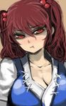  :t blush breasts brown_background cleavage collarbone eyelashes ginji_(sakaki_summer) hair_bobbles hair_ornament large_breasts looking_at_viewer onozuka_komachi pout red_eyes red_hair simple_background solo touhou two_side_up upper_body wavy_hair 
