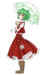  ascot bad_id bad_pixiv_id boots collared_shirt frilled_skirt frills from_side full_body green_hair highres kazami_yuuka long_skirt looking_to_the_side parasol peter plaid plaid_skirt plaid_vest red_eyes shirt short_hair skirt smile solo touhou transparent_background umbrella vest 