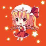  :d arms_behind_back blonde_hair blush chibi fang flandre_scarlet hat looking_at_viewer mob_cap open_mouth red_eyes short_hair side_ponytail skirt skirt_set smile solo star swami touhou vest wings 