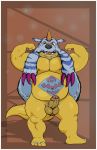  2018 4_toes anthro balls beard belly biceps burrserk clothing darkened_genitals digimon digimon_(species) digital_media_(artwork) erection facial_hair fangs feet flexing full-body_portrait fur fur_pelt gabumon horn humanoid_feet humanoid_hands humanoid_penis looking_at_viewer male markings mostly_nude muscular muscular_male navel nipples nude open_mouth overweight overweight_male pecs pelt penis portrait reptile scalie sharp_teeth simple_background solo standing teeth toes tongue uncut 