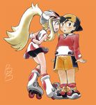  1girl backwards_hat bike_shorts blonde_hair blush embarrassed erection erection_under_clothes gold_(pokemon) hat heei_juun helmet inline_skates koruni_(pokemon) looking_away pokemon pokemon_(game) pokemon_hgss pokemon_xy ponytail roller_skates skates smile 