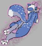  2018 4_fingers 4_toes anthro balls biped blue_fur blush butt canid canine cervid dreamingfur fluffy fluffy_tail fox fur hair horn looking_at_viewer male mammal multicolored_fur nude pawpads paws pink_nose rear_view simple_background solo spots toes tongue white_hair 