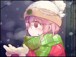  alternate_costume bespectacled glasses hat i-58_(kantai_collection) kantai_collection mittens pink_eyes pink_hair scarf short_hair solo suka winter_clothes 