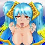  1girl blue_hair breasts cleavage cropped female hair_ornament large_breasts league_of_legends looking_at_viewer lowres mileuda nail_polish open_mouth solo sona_buvelle tongue tongue_out 