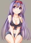  bangs bare_shoulders blue_eyes blush breasts camisole cleavage collarbone cowboy_shot doyagao gradient_eyes grey_background hair_between_eyes hairband hands_together kue large_breasts long_hair looking_away minori_(kue) multicolored multicolored_eyes navel original purple_eyes purple_hair shiny shiny_skin short_shorts shorts simple_background sitting smile solo tareme very_long_hair 