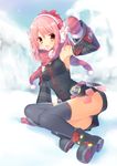  :d ankle_boots bad_id bad_pixiv_id bare_shoulders black_legwear blush boots bow breasts brown_eyes detached_sleeves earmuffs hair_bow long_hair looking_at_viewer mittens open_mouth original panties phantasy_star phantasy_star_online_2 pink_hair red_scarf revision sakura_neko scarf small_breasts smile solo thighhighs underwear 