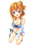  bad_id bad_pixiv_id black_legwear blue_eyes bra breasts cleavage highres kneeling large_breasts looking_at_viewer momoi_komomo navel open_clothes open_mouth open_shirt orange_hair original panties plaid plaid_bra plaid_panties shirt side_ponytail sitting smile socks solo underwear wariza 