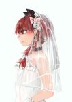  alternate_costume animal_ears bare_shoulders bow braid bridal_veil cat_ears choker closed_mouth dress extra_ears flower gloves hair_bow hair_ornament ichiba_youichi kaenbyou_rin long_hair profile red_eyes red_hair rose simple_background smile solo strapless strapless_dress touhou twin_braids upper_body veil wedding_dress white_dress white_gloves 