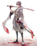  blood daakuro gloves highres japanese_clothes male_focus partly_fingerless_gloves sheath silver_hair smile solo sword touken_ranbu tsurumaru_kuninaga weapon yellow_eyes 