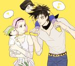  3boys baby black_hair carrying child_carry father_and_son fatherly ginmu green_hair higashikata_jousuke jojo_no_kimyou_na_bouken joseph_joestar_(young) kishibe_rohan multiple_boys one_eye_closed pink_hair pompadour shoulder_carry sugimoto_reimi time_paradox younger 