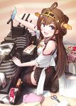  :d ahoge bare_shoulders boots brown_hair brown_skirt detached_sleeves hair_bun hairband headgear highres kantai_collection kongou_(kantai_collection) letter long_hair looking_at_viewer love_letter machinery nontraditional_miko open_mouth pemu pleated_skirt purple_eyes ribbon-trimmed_sleeves ribbon_trim scissors skirt smile solo thigh_boots thighhighs zettai_ryouiki 