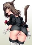 animal_ears aruma_jiki ass bottomless breasts brown_hair cat_ears cat_tail censored earrings final_fantasy final_fantasy_xiv flower from_behind gloves jewelry large_breasts long_hair looking_back miqo'te pussy rose solo standing tail thighhighs yellow_eyes 