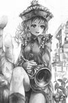  :d bad_id bad_pixiv_id boots dress feet_out_of_frame frilled_dress frills greyscale hands hat hat_ornament highres holding instrument knee_up leg_up long_sleeves looking_away merlin_prismriver monochrome nagayo open_mouth pose revision sitting smile solo touhou trumpet vest wavy_hair 