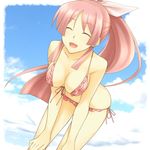  alternate_hairstyle bent_over bikini breasts cleavage closed_eyes large_breasts long_hair mayo-black ootori_kanae_(soukou_akki_muramasa) open_mouth pink_hair ponytail smile solo soukou_akki_muramasa swimsuit very_long_hair 