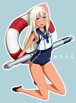  blonde_hair blue_eyes crop_top flower hair_flower hair_ornament highres kama_iruka kantai_collection kneeling lifebuoy long_hair one-piece_swimsuit ro-500_(kantai_collection) sailor_collar school_swimsuit solo swimsuit swimsuit_under_clothes tan tanline torpedo 