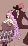  1boy 1girl black_hair dracule_mihawk dress drill_hair eyes_closed facial_hair hand_on_head hat jewelry ksmyksmy long_hair mustache necklace one_piece perona pink_hair plume very_long_hair 