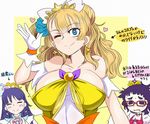  ;) asymmetrical_hair bare_shoulders blue_eyes blush blush_stickers breasts cosplay cure_flora cure_flora_(cosplay) cure_mermaid cure_mermaid_(cosplay) cure_twinkle cure_twinkle_(cosplay) earrings galko glasses gloves go!_princess_precure jewelry large_breasts long_hair magical_girl multiple_girls namida_boshi ojou_(galko) one_eye_closed one_side_up oshiete!_galko-chan otako_(galko) precure red-framed_eyewear scrunchie side_bun smile solo_focus star star_earrings translation_request white_gloves 
