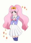  :3 blue_legwear blush commentary earrings go!_princess_precure heart heart_earrings highres jewelry long_hair looking_at_viewer multicolored multicolored_eyes natsu_(monatsu) noble_academy_school_uniform personification pink_eyes pink_hair precure puff_(go!_princess_precure) puff_(go!_princess_precure)_(human) purple_eyes school_uniform smile solo thighhighs tiara twintails very_long_hair zettai_ryouiki 