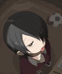 bad_pixiv_id ball black_hair brown_eyes from_above hair_over_one_eye indoors meily original rug soccer_ball solo telstar tongue tongue_out 