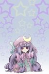  bow crescent crescent_hair_ornament edo. gradient gradient_background hair_bow hair_ornament hat hat_bow long_hair patchouli_knowledge purple_hair red_eyes solo star touhou very_long_hair 