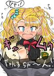  1girl asymmetrical_hair blue_eyes blush breasts cardigan full-face_blush galko head_wings height_difference highres hug huge_breasts iselou long_hair one_side_up oshiete!_galko-chan school_uniform scrunchie side_bun translation_request 