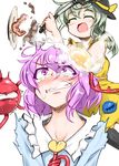  2girls :d ^_^ angry bacon blush breakfast clenched_teeth closed_eyes coffee constricted_pupils egg food food_on_head green_hair komeiji_koishi komeiji_satori multiple_girls object_on_head open_mouth pandain purple_eyes purple_hair rage_face scowl siblings sisters smile spatula spilling sunny_side_up_egg tears teeth third_eye touhou trembling 