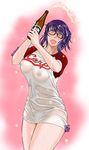  blue_eyes blush bottle breasts chiba_shuusaku covered_nipples drunk glasses highres hiroshima_touyou_carp kyuujou_lovers large_breasts motomachi_shouko naked_shirt nippon_professional_baseball purple_hair raglan_sleeves red-framed_eyewear see-through semi-rimless_eyewear shirt short_hair solo under-rim_eyewear wet wet_clothes wet_shirt wet_t-shirt 