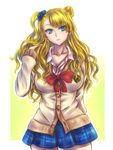  arm_behind_back asymmetrical_hair blonde_hair blue_eyes breasts cowboy_shot galko hand_in_hair inaba-no-kuni-tottori large_breasts long_hair one_side_up oshiete!_galko-chan plaid plaid_skirt pleated_skirt school_uniform scrunchie side_bun skirt solo standing 